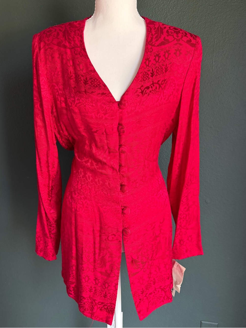 Vintage Stephanie Queller Red Jacquard Tie Back Blouse Top L NWT Made USA